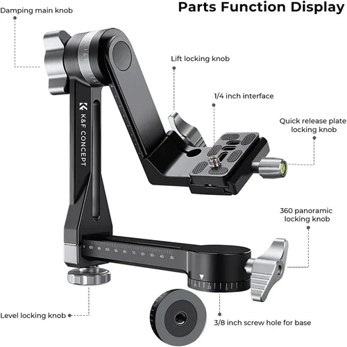 Vista 5 de K&F CONCEPT Cabezal de trípode de cardán mejorado, lubricante exclusivo, cabezal de cardán de aleación de aluminio totalmente CNC, cabezal