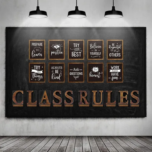 Clabby Juego de 20 pósteres industriales de tablón de anuncios con reglas de clase, carta inspiradora de afirmación motivacional para decoración del