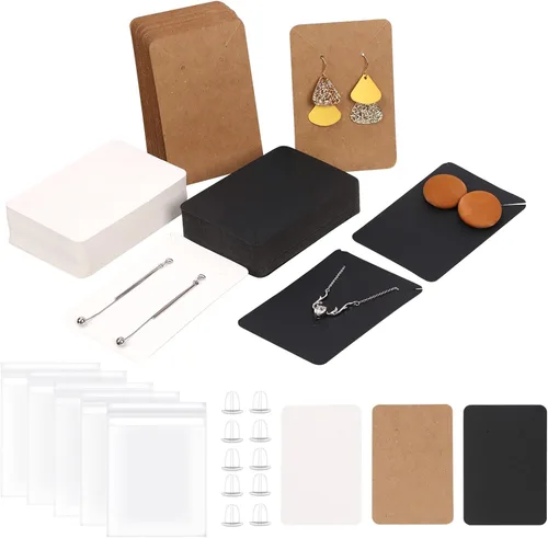 Swpeet Juego de 550 tarjetas de exhibición de aretes de 3 colores, 3.5 x 2.4 pulgadas, papel kraft cuadrado blanco y negro, tarjetas con parte