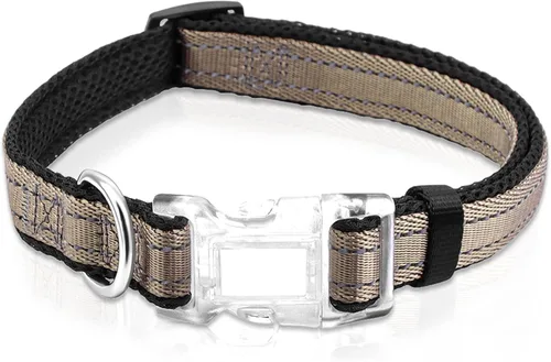 Collar reflectante para perros grandes, collar de malla acolchado para perros grandes, collar ajustable para mascotas con hebilla de liberación Gris