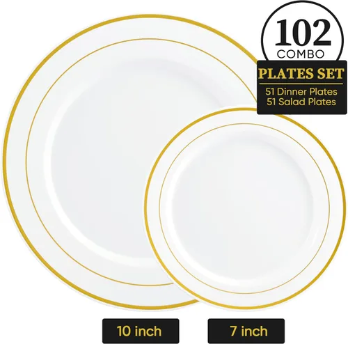 Vista 2 de FOCUSLINE Juego de 102 platos de plástico dorados, desechables, resistentes, 51 platos llanos y 51 platos de postre, elegante plato de plástico