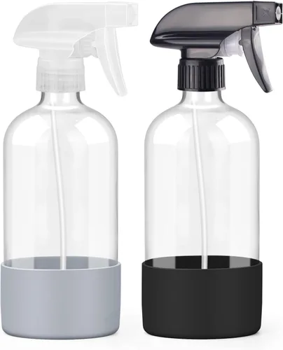 Worldgsb Paquete de 2 botellas de vidrio con funda de silicona, recipientes vacíos recargables de 16 onzas con boquillas de pulverización