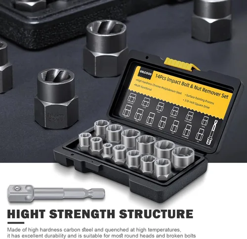 Vista 2 de Kit de extractor de pernos, juego de 14 piezas de extracción de pernos y tuercas con adaptador de 3/8 pulgadas, juego de extractor de pernos rayados