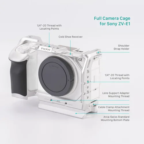 Vista 10 de Tilta Jaula completa para cámara compatible con Sony ZV-E1 Zapata fría, riel OTAN, M3 y roscas de montaje de 1/4"-20 Placa ARCA desmontable