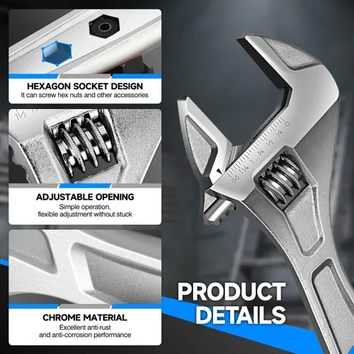 Vista 3 de DNA Motoring TOOLS-00046 - Llave inglesa ajustable, 12 pulgadas, herramienta de reparación automotriz de acero vanadio con mordazas de cuatro lados