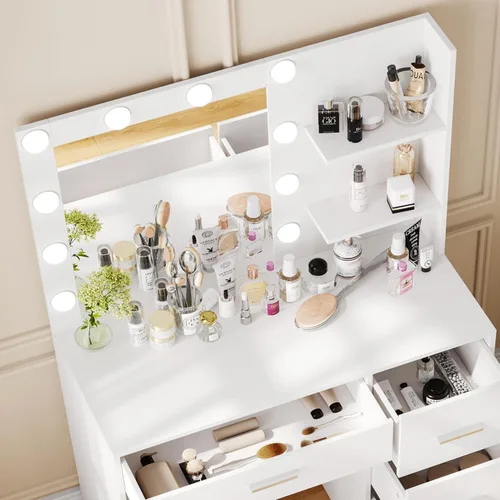 Vista 3 de Rovaurx Escritorio de tocador con espejo y luces, mesa de tocador de maquillaje con estantes de almacenamiento y 4 cajones, tocador de dormitorio