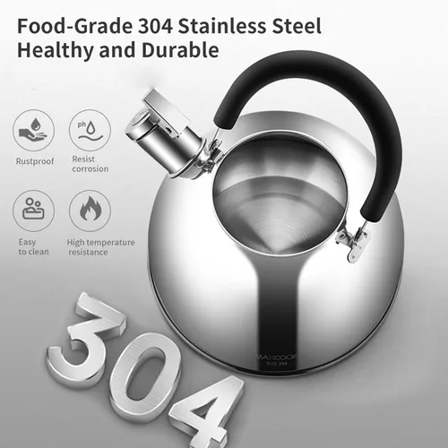 Vista 2 de Hervidor de té silbante de acero inoxidable 304, 2.1 cuartos/2L, adecuado para hervir agua y té en estufa de inducción, parte superior de estufa