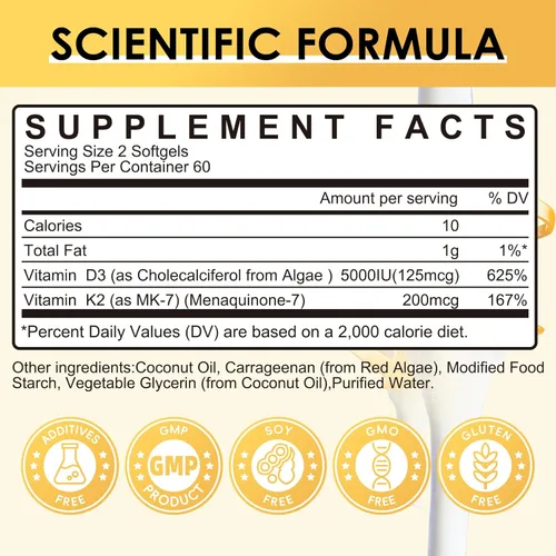 Vista 2 de Suplemento de Vitamina D3 K2 con Vitamina D3 5000 UI, 200 mcg de Vitamina K2 MK-7 y Aceite de Coco Natural, Fórmula 2-1 a Base de Plantas