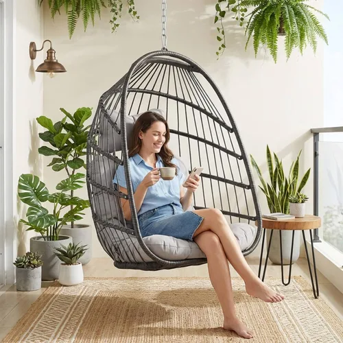 Vista 12 de Hamaca colgante de mimbre, para interiores y exteriores, en forma de huevo, con almohadones resistentes a los rayos UV y estructura de aluminio