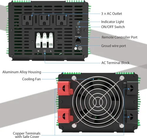 Vista 4 de EDECOA Inversor de corriente de onda sinusoidal pura de 3000 W 3000 vatios CC 12 V a 110 V 120 V AC inversor solar con 3 salidas y bloque