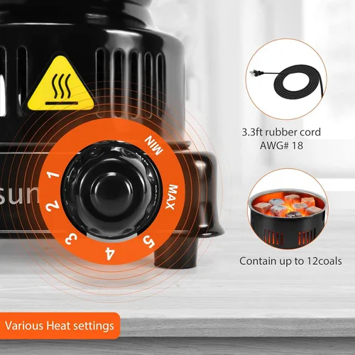 Vista 4 de Estufa eléctrica de carbón de coco, placa caliente aprobada por ETL, quemador de carbón duradero más rápido de 120 V ~ 600 W con mango desmontable