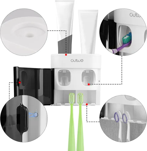 Vista 3 de Linkidea Soporte para cepillos de dientes con 2 exprimidores de pasta de dientes, colgador de cepillo de plástico de 4 ranuras para ducha, baño