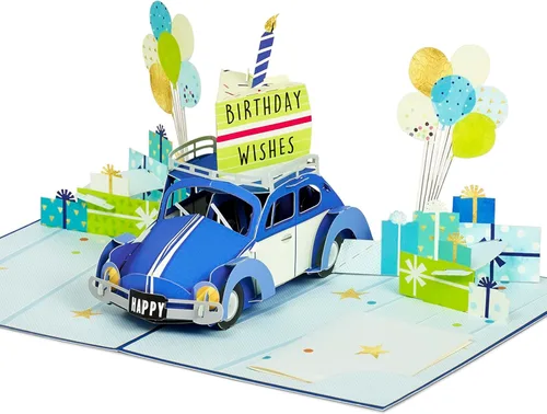 POPWOW Tarjeta desplegable de cumpleaños, auto azul, escarabajo, Volkswagen, regalos, globos, tarjeta de felicitación 3D, regalo ideal para hijo,