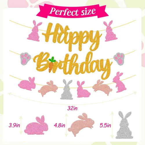 Vista 3 de Cartel de cumpleaños de conejo, decoraciones de fiesta de cumpleaños, orejas de conejo, zanahoria, día de Pascua, tema para niños y niñas