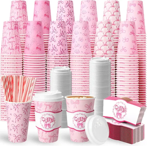 Vista 9 de Jingmore 48 juegos de tazas de café de papel desechables de 16 onzas con tapas, fundas para pajitas, vasos de papel para bebidas frías calientes