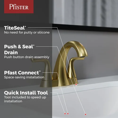 Vista 2 de Pfister Willa LF048MALBG - Grifo de lavabo de baño de 4 pulgadas, 2 manijas y 3 agujeros, certificado NSF, acabado dorado cepillado con drenaje