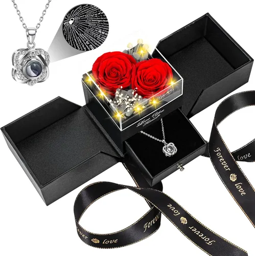 Vista 24 de Collar con diseño de rosa real preservada con corazón con texto en inglés "I Love You", flores eternas, regalos de cumpleaños para mujeres, mamá