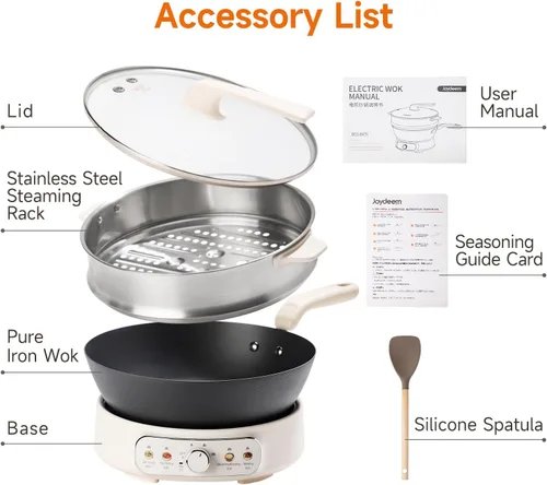 Vista 8 de Joydeem Sartén eléctrica de 5 cuartos de galón, sartén antiadherente de hierro puro con tapa de vidrio y estante de vapor, control de calor de 3
