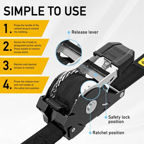 Vista 5 de AUGO Correas de trinquete retráctiles autobloqueantes 4 correas de amarre retráctiles de servicio pesado con autotensado con bucles suaves y bolsa