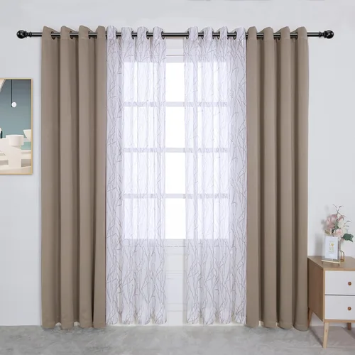 Vista 20 de BONZER Cortinas para Mezclar y Combinar - 2 Piezas de Cortinas Transparentes con Estampado de Ramas y 2 Piezas de Cortinas Opacas para Dormitorio