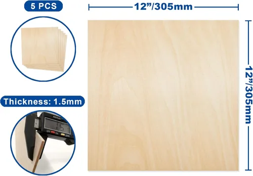 Vista 2 de Cuadrados de madera contrachapada, grado A, 12 x 12 pulgadas, 0.069 pulgadas de grosor, paquete de 5 piezas de madera sin terminar