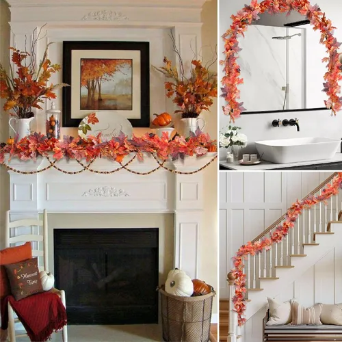 Vista 4 de Paquete de 2 guirnaldas de otoño de 5.7 pies/pieza, guirnalda de hojas de arce artificiales 3D, decoraciones de otoño para el hogar, guirnalda