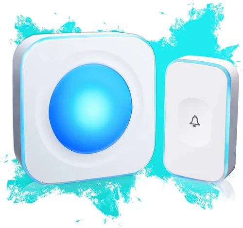 Timbre inalámbrico de 1200 pies impermeable para el hogar con 36 melodías, 4 niveles de volumen, luz LED flash (1 receptor y 1 botón táctil blanco)