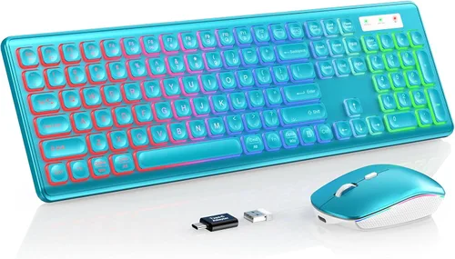Vista 14 de Combo de teclado y mouse inalámbricos, retroiluminación RGB, recargable y letras iluminadas, tamaño completo, escritura suave, modo de suspensión