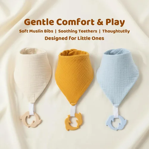 Vista 3 de Baberos de dentición para bebé, paquete de 6 con mordedor acoplable, 100% algodón orgánico, baberos súper absorbentes y suaves