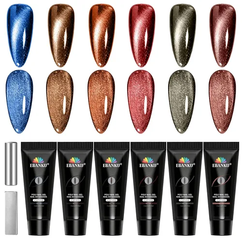 Vista 11 de EBANKU - Kit de uñas de gel de polietileno, gel de extensión de uñas de poliéster de ojo de gato, 6 colores, gel constructor magnético