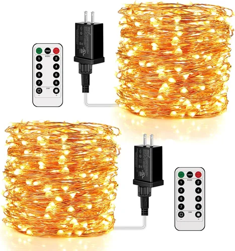 Vista 13 de Moobibear Guirnalda de luces de hadas impermeables enchufables con control remoto de 24 teclas, 100 luces LED de 33 pies, color blanco cálido, luz