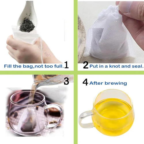 Vista 4 de Bolsas de filtro de té, material seguro y natural, infusor de té desechable, bolsa de té vacía con cordón para té de hojas sueltas, café, especias