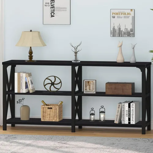 Vista 25 de IBF Mesa de entrada de granja, mesa consola larga rústica detrás del sofá, moderna mesa de sofá de madera de metal con estantes de almacenamiento