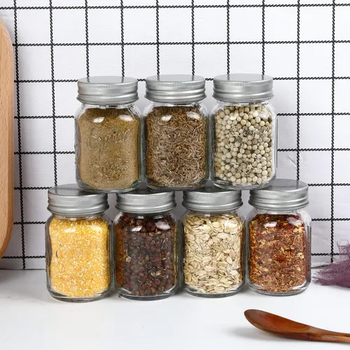 Vista 5 de 30 Pack 4oz Glass Mason Spice Jars Bottles, Empty Round Containers with Silver Airtight Metal Caps and Pour/Sift Shaker Lid