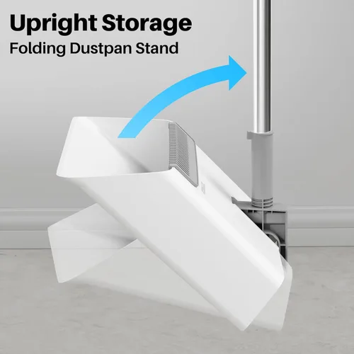 Vista 8 de JOYMOOP Juego de escoba y recogedor blanco, diseño angular vertical con dientes de peine incorporados para cocina, oficina, pelo de mascotas, suelos