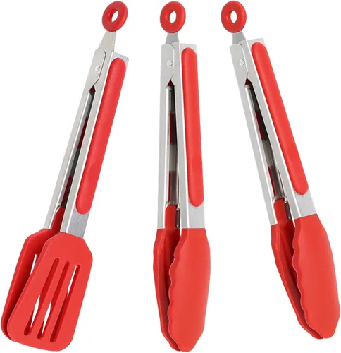 Vista 10 de Juego de 3 pinzas de silicona para servir, pequeñas pinzas de cocina (7 pulgadas) con puntas de silicona y mango de acero inoxidable, pinzas