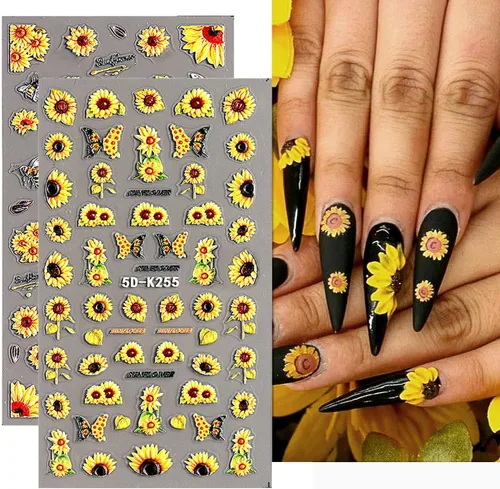 Vista 2 de 4 hojas de calcomanías de girasoles para uñas, calcomanías 5D en relieve de flores de sol de verano, calcomanías de uñas grabadas con flores