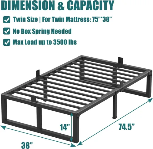 Vista 3 de Yitong Angel Armazones de Cama Gemela Plataforma, 14 Pulgadas de Alto 3500 lbs Plataforma de Metal de Servicio Pesado, Base de Colchón con Soporte