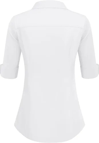 Vista 5 de HOTOUCH Camisa de manga 34 con botones para mujer, blusas de trabajo ajustadas, camisas de vestir de algodón, camisas de oficina