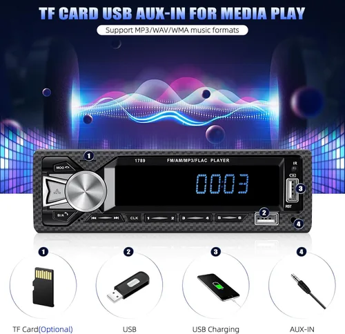 Vista 4 de Receptores de audio para coche con Bluetooth manos libres con pantalla LCD digital, radio FM para coche, reproductor de MP3, carga rápida