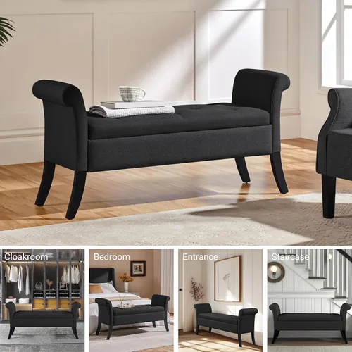 Vista 5 de Yaheetech Banco de almacenamiento para entrada, banco de ventana de lino con brazos enrollados para dormitorio, entrada, ventana, asiento