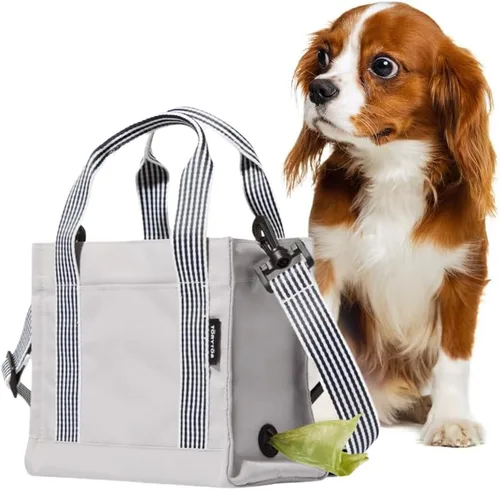 Vista 7 de Bolsa cruzada para pasear perros y bolsa de golosinas para perros con dispensador de bolsas para excrementos integrado (beige)