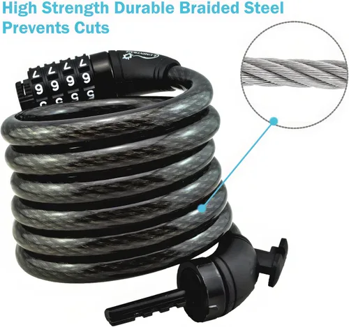 Vista 2 de Lumintrail Combinación de cable de bloqueo para bicicleta y scooter, cerraduras de bicicleta de 6 pies, resistentes, antirrobo con combinaciones