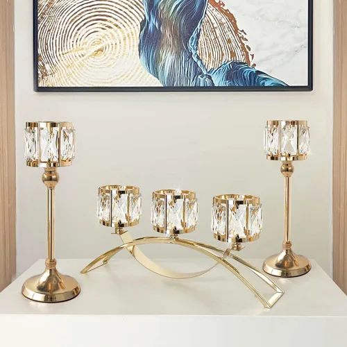 Vista 14 de Candelabro votivo de 3 brazos, candelabros de cristal, centros de mesa de boda para mesas, candelabros de cristal, decoración de mesa (negro)
