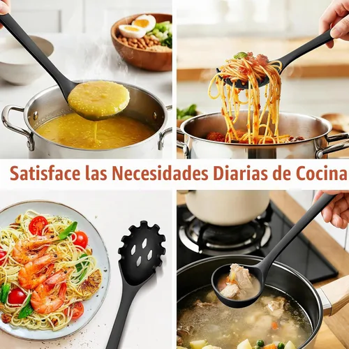 Vista 3 de Juego de 2 utensilios de cocina de silicona para espaguetis y cucharón de Negro
