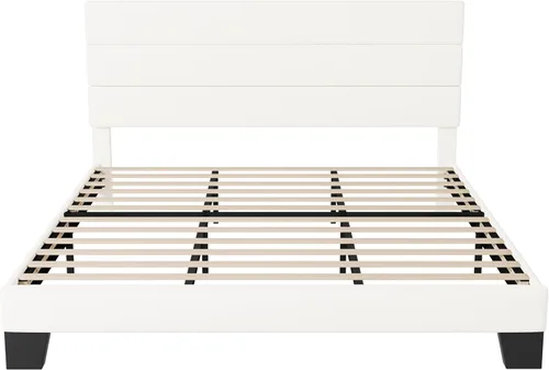 Vista 37 de Allewie - Base de cama tamaño King con cabecera tapizada en tela y soporte de listones de madera; base de colchón completamente tapizada; no Azul