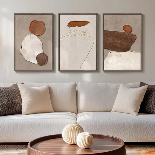 Arte de pared abstracto neutro enmarcado, 3 piezas de tonos tierra, impresiones de lienzo rústico, pinturas y obras de arte para paredes, imágenes