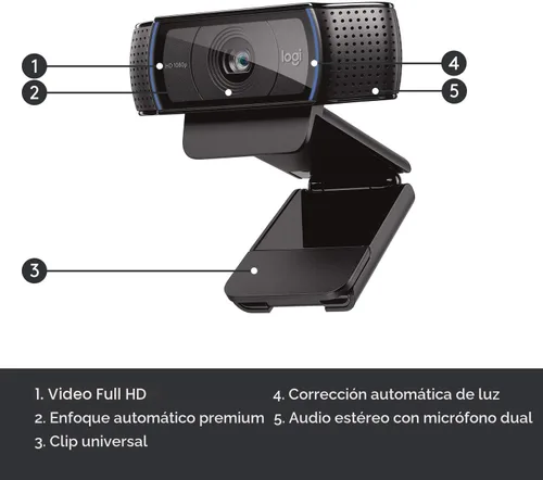 Vista 6 de Cámara web HD Pro C920 Logitech, visualización panorámica 1080P videollamadas y grabación, Negro
