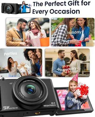 Vista 9 de Cámara digital True 5K para fotografía, enfoque automático de 80 MP con zoom digital de 18X de 3 pulgadas, pantalla abatible de 270°, cámara selfie