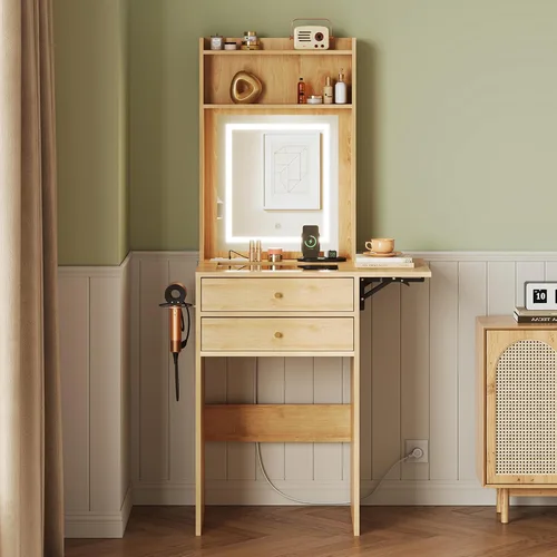 Vista 8 de WLIVE Escritorio pequeño con espejo y luces, tocador con 2 cajones, panel plegable y silla, juego de tocador de maquillaje con estación de carga